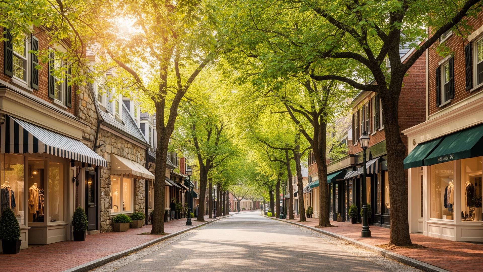 Tree-lined Bedford Hills Westchester village street with boutique storefronts