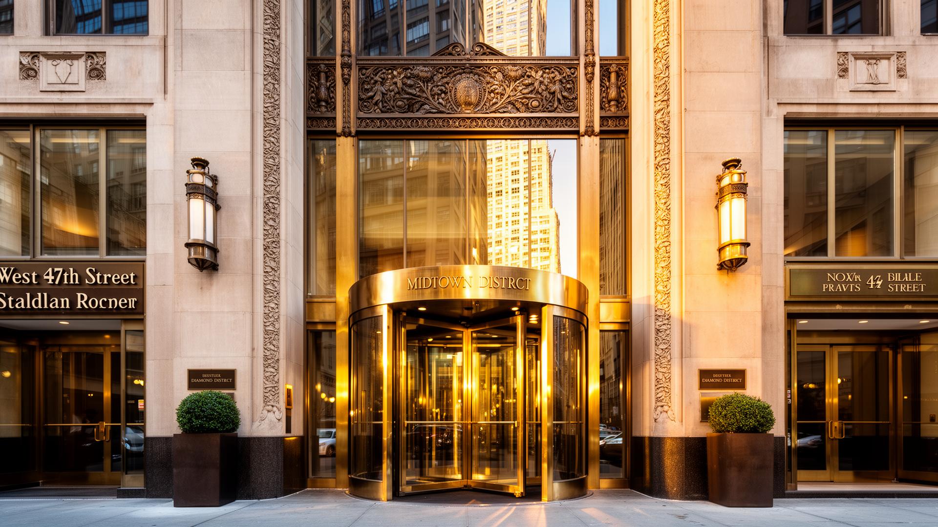 Polished prewar Midtown Manhattan office entrance near the Diamond District on West 47th Street