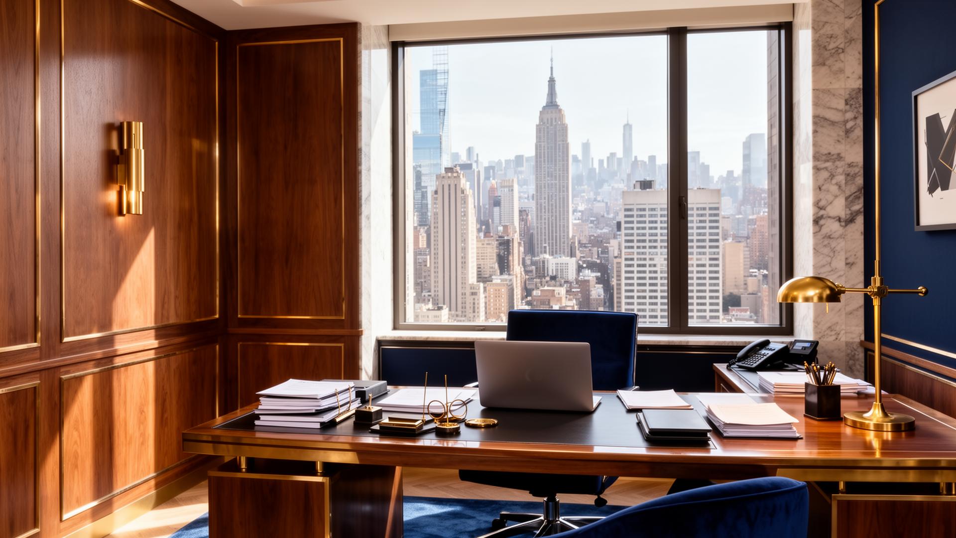 Sophisticated Midtown Manhattan tax advisor office with city view